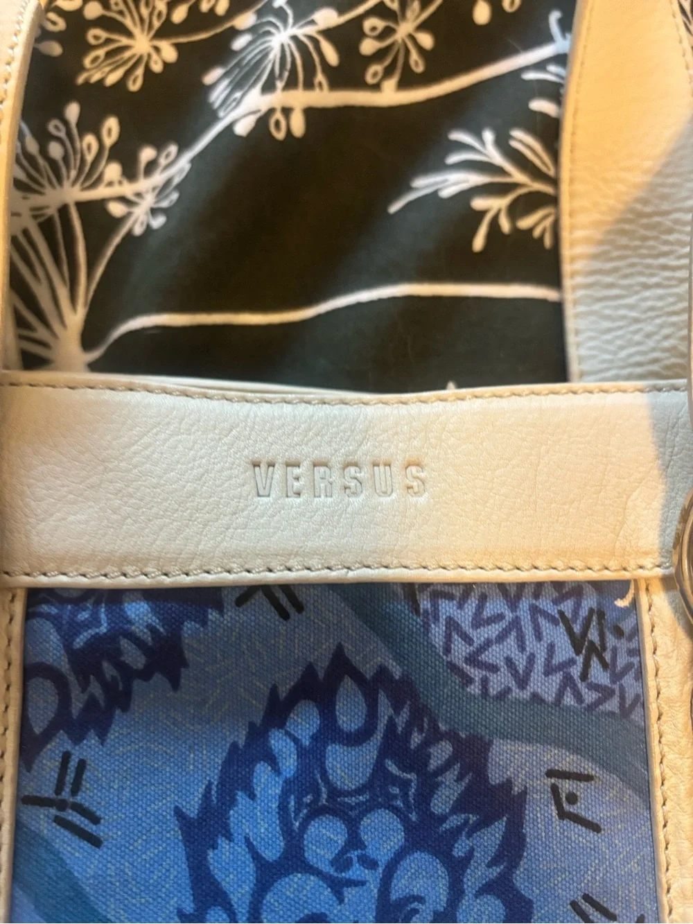 Versus By Versace Blue Patterned Shoulder Tote with Cream Straps